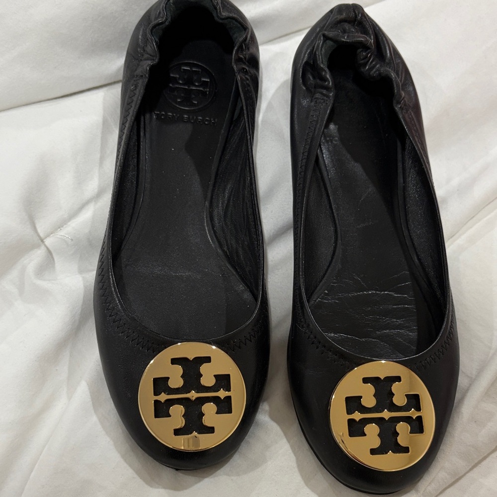 Tory Burch Black Flats with Gold Logo